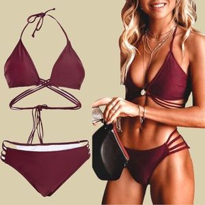 Maroon strappy bikini set.